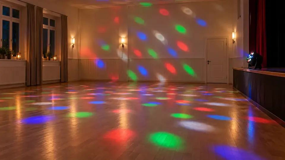 Illustrasjon av et tomt dansegulv med fargede lysmønstre på vegg og gulv