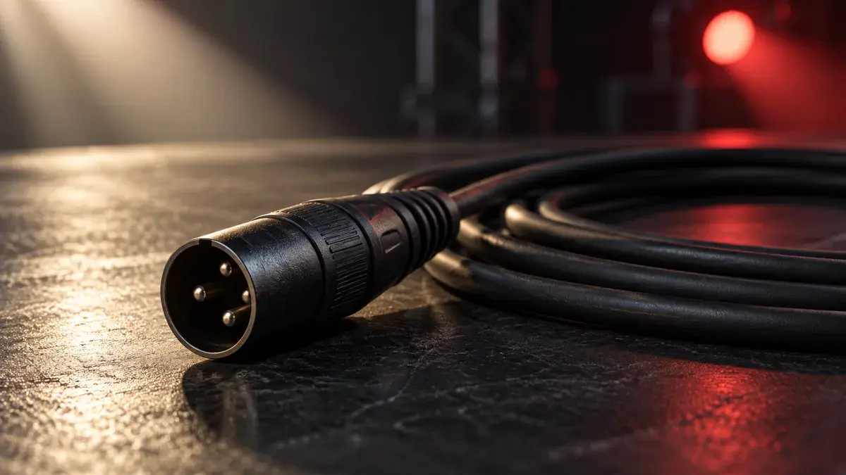 Illustrasjon av en trepolet XLR-kontakt og en opprullet kabel