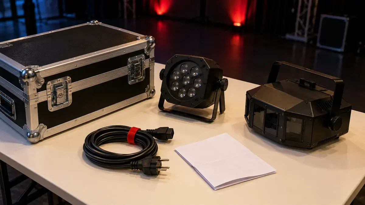 Illustrasjon av generisk lysutstyr, transportkasse og kabel på et bord